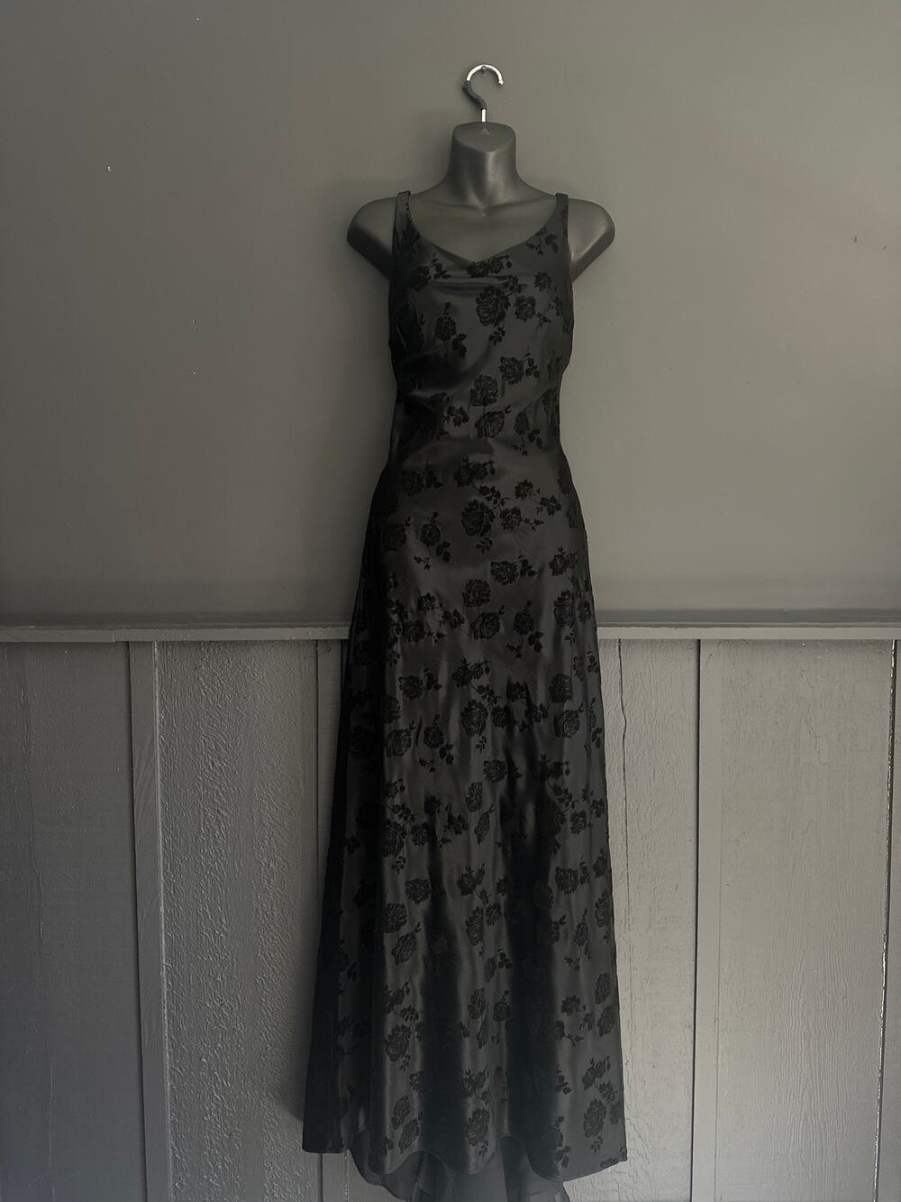 Vintage Goth Black Satin Velvet Rose Long Gown Train Zum Zum Niki Livas Size 10